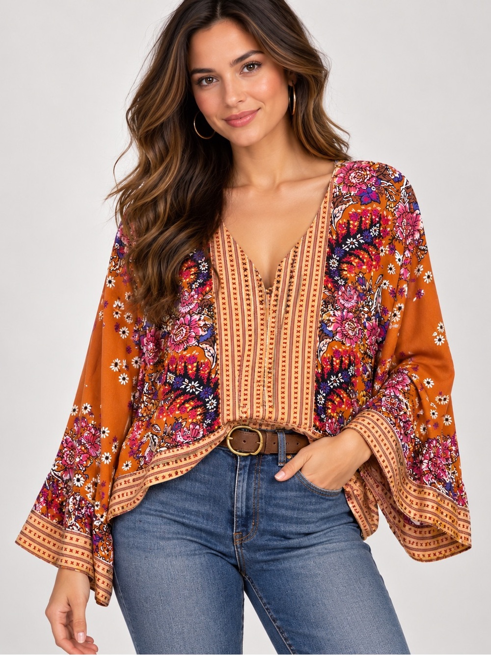 Free People Mix N Match Floral Bell Sleeve Boho Crop Top XS 100% Cotton Hi-Low V